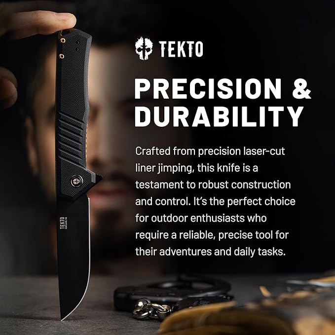 TEKTO F1 Alpha Folding Pocket Knife - Modified Straight Back Blade Titanium Coated D2 Steel Ideal for Outdoor Camping and Backpacking Tactical G10 Black Handle Bronze Titanium Accents