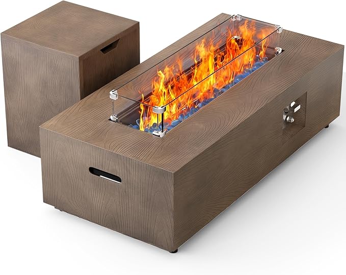 2-Piece 42 Rectangular Propane Fire Pit for Outside Patio with Hidden Tank Table 50000 BTU Fireplaces with Glass Wind Guard Lid Glass Rocks Cover(Walnut Wood Grain)