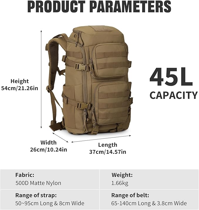 45L Tactical Backpack Military Molle Backpack with 17 Laptop Compartment Survival Large Hiking Travel Rucksack for Outdoors