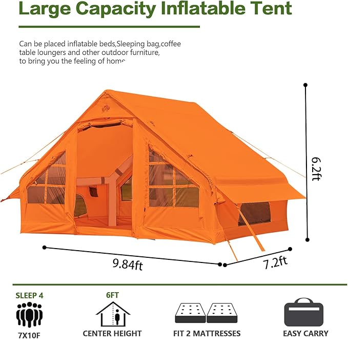 Inflatable Camping Tent2/4/6/8 Person Glamping Inflatable Tents with Awning Quick Setup Blow Up Tents with Pump Waterproof Oxford Inflatable House for Camping Air Glamping Hot Tents for Adult