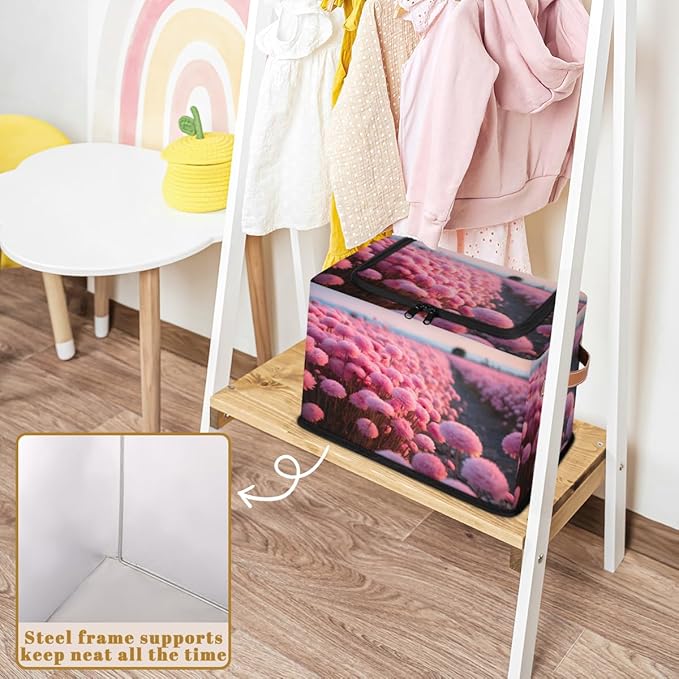 KOBLEN Pink Floral Print Storage Basket Collapsible Rectangular Storage Bins with Zipper Lid Handle Closet Shelf Cloth Organizer Basket for Nursery Bedroom Clothes Toy