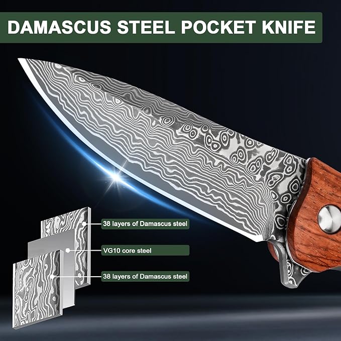AUBEY Damascus Pocket Knife with VG10 Core Wooden Handle EDC Folding Knives for Men Outdoor Camping Collection Gift