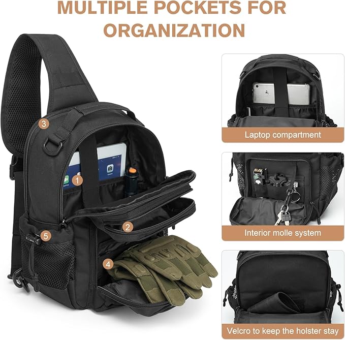 G4Free Tactical Sling Bag for Men Women EDC Concealed Carry Bag with Molle Crossbody Shoulder Pack (Black)