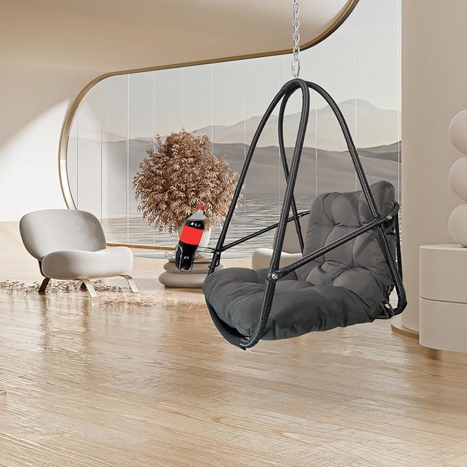 Swing Egg Chair with Stand Indoor Outdoor Wicker Rattan Patio Basket Hanging Chair with C Type Bracket with Cushion and PillowPatio Wicker Folding Hanging Chair(Special Construction Cup Holder