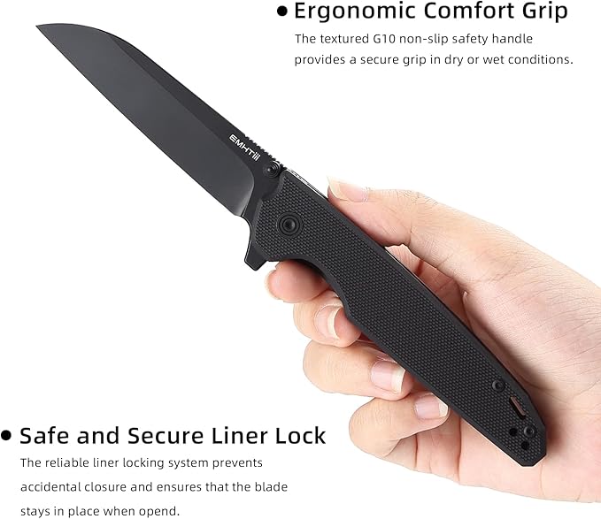 D2 Steel Folding Pocket Knife with Reversible Clip: 3.14 Black Sheepsfoot Blade Liner Lock G10 Handle Small EDC Flipper Knives Camping Tool for Man &amp Women