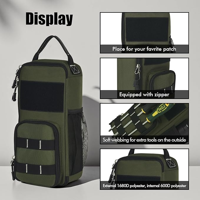 LAKE OF FIRE 12.6 Small Tool Bag Pouch for Men with Multiple Pockets Waterproof Heavy Duty Tool Bag Organizer with Zipper and Portable Handle (Green)