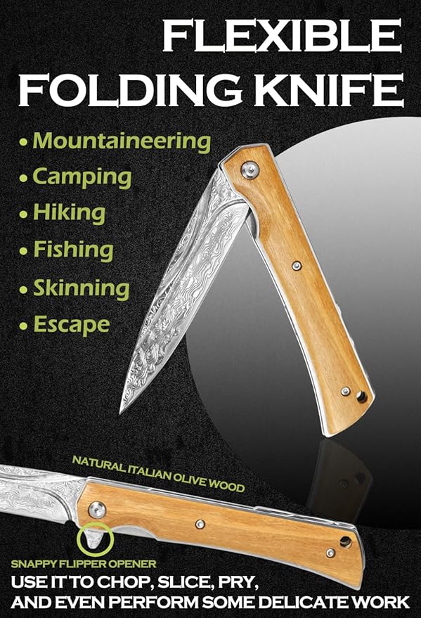 YOUSUNLONG Folding Knife Overall 215mm Camping Knife - Hammered Damascus Steel Blade - Natural Olive Wood Cover