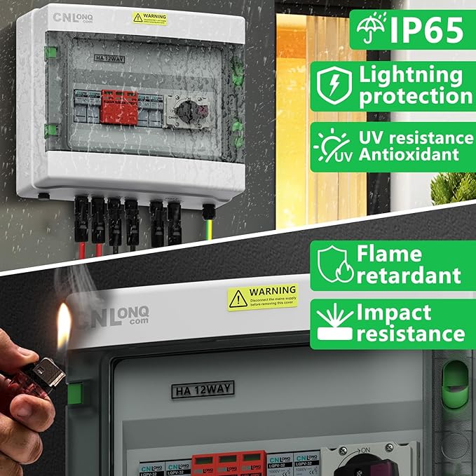 2 String Solar PV Combiner Box 2 in x20A 1 Out x 32A IP65 DC1000V 32A Disconnect Switch with Surge Protector and 20A PV Fuse Circuit Breaker Outdoor IP65 Waterproof for Solar Panels System
