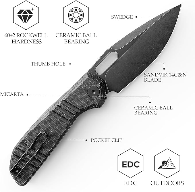 TRIVISA Gecko Folding Pocket Knife 3.4 14C28N Steel Blade Micarta Handle EDC Knife with Pocket Clip for Men Women Camping Survival HikingGecko-BM