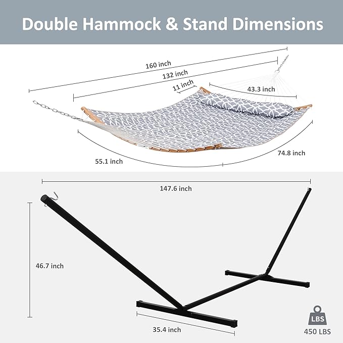 SUNCREAT Hammocks for Outside with Stand Freestanding Hammock with Frame 450 lbs Capacity Grey Pattern