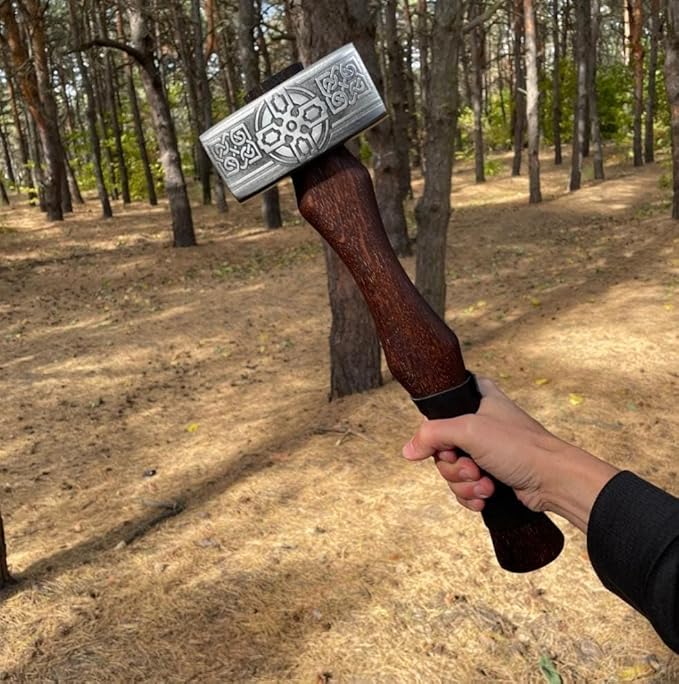 2pcs Viking Hammer &amp Viking Axe Set Crafted from Hand Forged Corban Steel Viking Axe with Sheath Hand Forged Hammer and Viking Bearded Axe with Rosewood Handle Camping Set