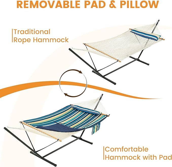 Lazy Daze Hammocks 2 Person Portable Hammock with 12FT Stand Double Hand Woven Cotton Rope Hammock with Detachable Quilted Pad &amp Pillow for Outside 450lb Capacity Beach Stripes