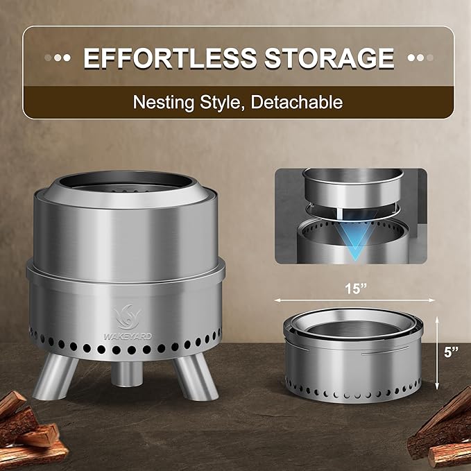 Smokeless Fire Pit 15 Inch Portable Smokeless FirePit for Outside with Fire Poker and Carry Bag Stainless Steel FirePit Easy Setup and Storage Sliver