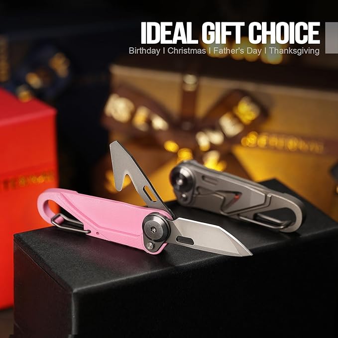 TACRAY Vinto 5-in-1 Small Pocket Knife – Ultra-Light Compact Multitool with Utility Knife Seatbelt Cutter Bottle Opener Flathead Screwdriver &amp Keyring Attachment for Everyday Carry (Pink)