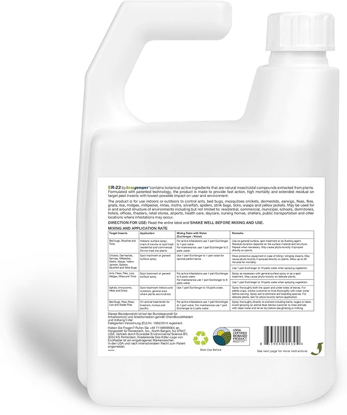 Ecovenger ER-22 by EcoRaider Professional Grade Insect Killer Concentrate 32OZ for Bed Bugs 100% Efficacy Extended Residual Green and Non-Toxic