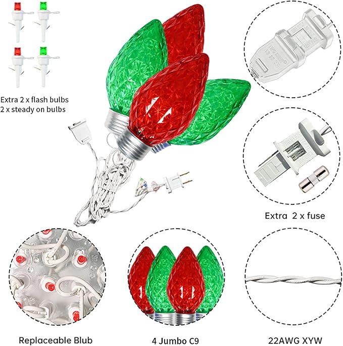 Red and Green Jumbo C9 Christmas Lights - 4 Bulbs 60 LED Giant C9 Outdoor Hanging String Lights for Tree Porch Gazebo Eave Decorations 12 Feet White Wire Connectable Red and Green - Twinkling