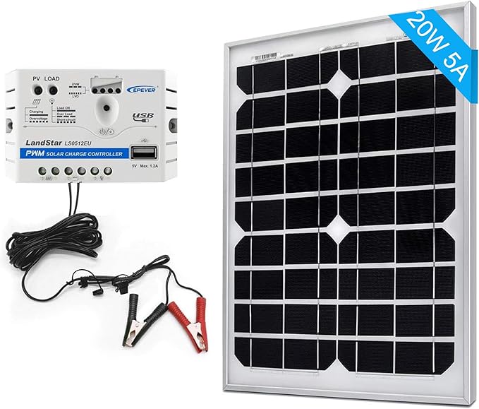 ACOPOWER 12V 20W 5A Solar Charge Kit20W Monocrystalline Solar Panel &amp 5A Charge Controller for RV Boats Camping w USB 5V Output as Phone Charger