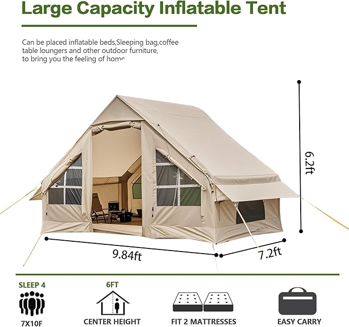 Inflatable Camping Tent2/4/6/8 Person Glamping Inflatable Tents with Awning Quick Setup Blow Up Tents with Pump Waterproof Oxford Inflatable House for Camping Air Glamping Hot Tents for Adult