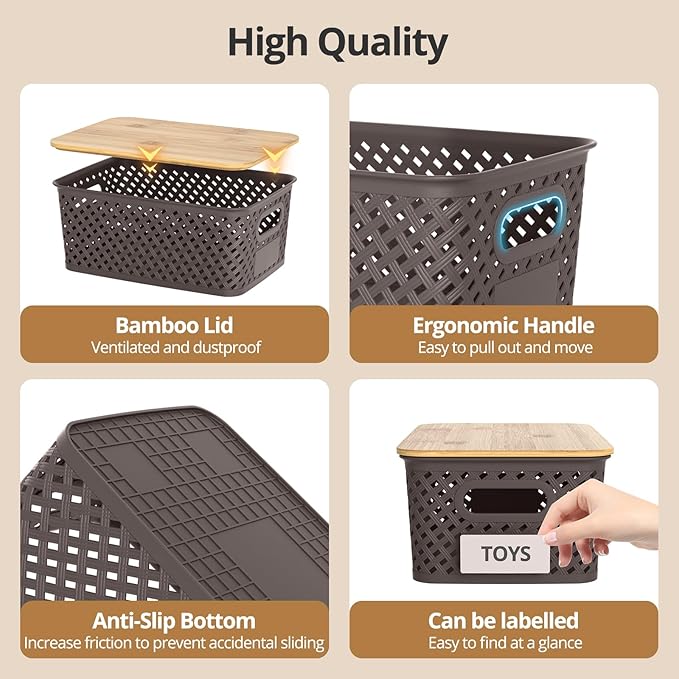 Plastic Storage Bins with Bamboo Lids Stackable Small Box Baskets for Organizing and Containers for Shelves Drawers Desktop Closet Pantry Classroom Office Home 6 Pack 10.2x7.2x4.1 Inch Brown