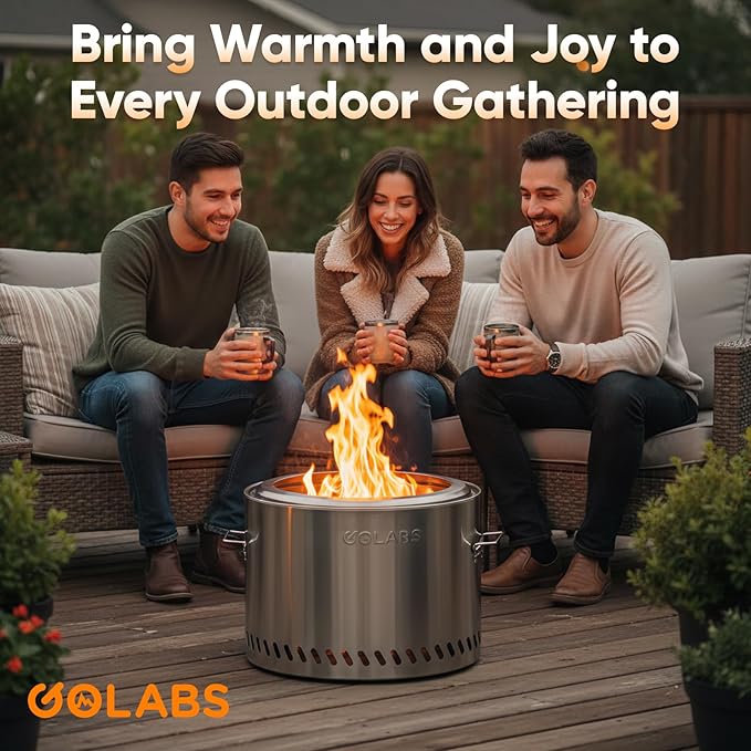 Golabs Smokeless Fire Pit 19.5 Portable with Handle Stainless Steel Outdoor Firepit with Removable Ash Pan &amp Fire Poker Easy to Clean Efficient Heating &amp Less Ash Perfect for Backyard &a