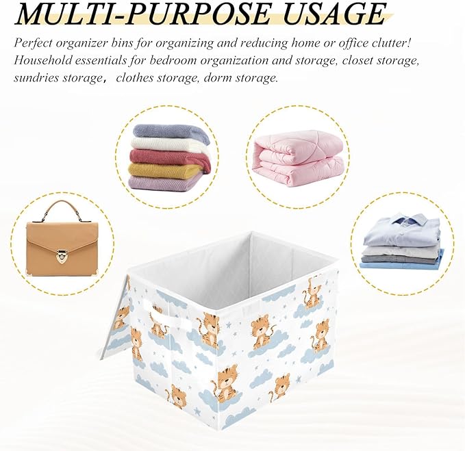 susiyo Large Foldable Storage Bin with Flip-Top Lid Cute Tiger Pattern Storage Box Collapsible Closet Organizer Containers Boxes Decorative Baskets with Handles for Home Bedroom Living Room Office