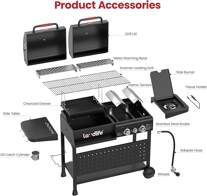 Gas and Charcoal Grill Combo with Side Burner 3 Burners Propane BBQ Grill 748 SQ.IN Cooking Space Non-Stick Enamel Coating Grates Heavy-Duty Stand for Backyard &amp Outdoor Barbecue