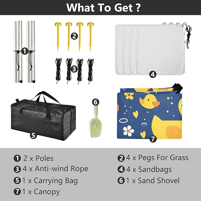 Yellow Duck Cartoon Foldable Beach Cabana UPF50+ Lightweight Portable Sun Shelter with Sandbags &amp Sand Shovel for Backyard and Camping