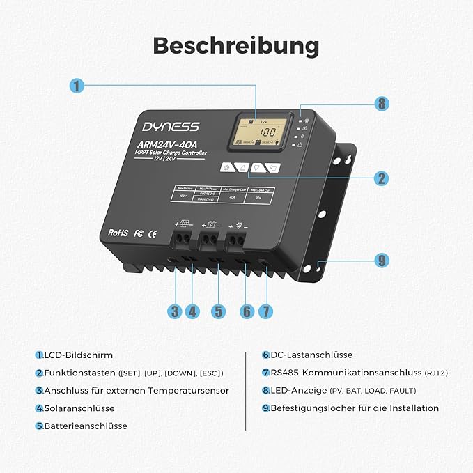 Dyness 40A 12V/24V Auto MPPT Solar Charge Controller  APP Control &amp LCD Display 40 Amp Solar Regulator for LiFePO4/AGM/Gel/FLD/SLD Batteries - RV Marine Off-Grid Systems