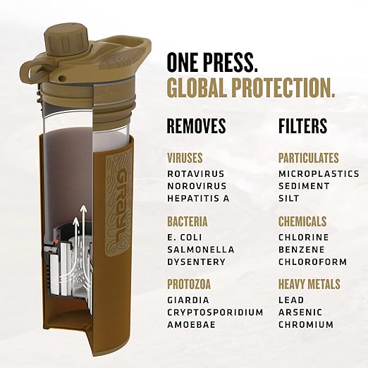 GRAYL GeoPress 24 oz Water Purifier Bottle - Filter for Hiking Camping Survival Travel (Coyote Brown)