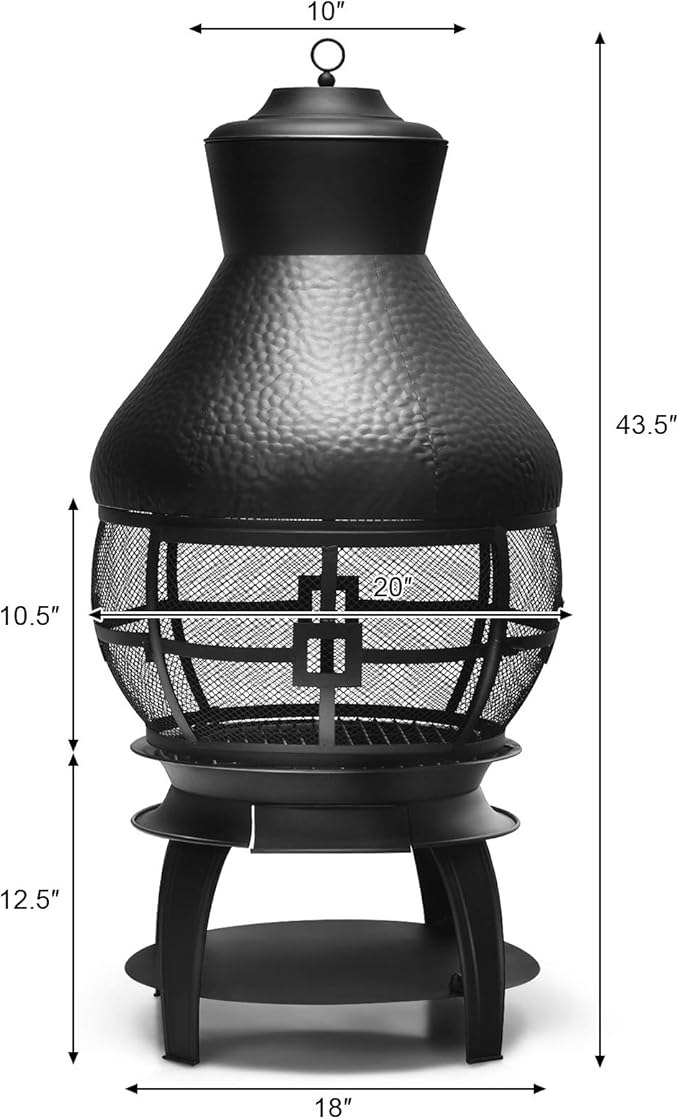 Giantex Wood Burning Chiminea Heavy Duty Fireplace Chiminea Wooden Fire Pit with 2-Piece Log Grate Premium Rain Cap &amp Fire Poker 360°Fire Retardant Mesh Cover Ideal for Garden Patio Backyard