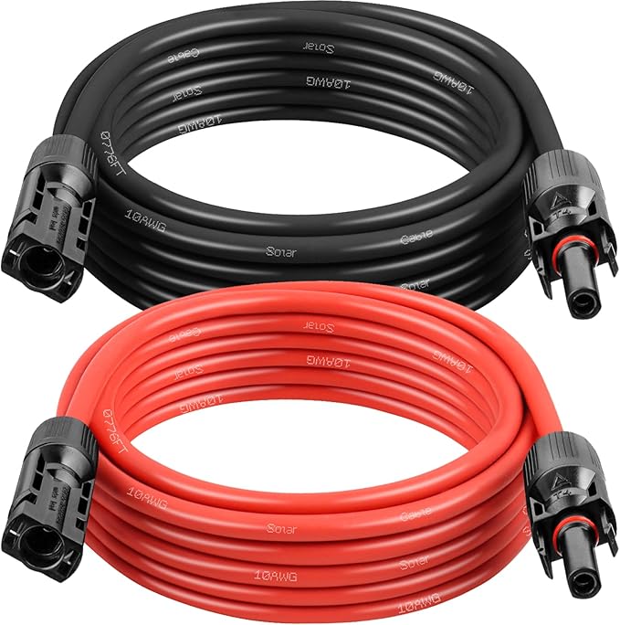 MOOKEERF Solar Panel Extension Cable - 10AWG 10FT Solar Wire with Female &amp Male Waterproof Connector PV Wire for RV Photovoltaic Systems Home Boat Solar Panels Car(10 feet Red + 10 feet Black
