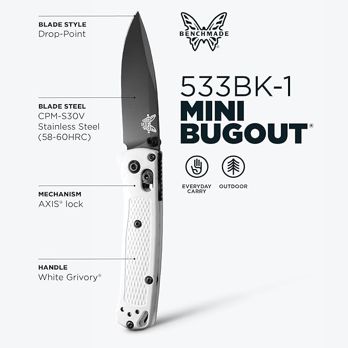 Benchmade - Mini Bugout Outdoor EDC Folding Knife Drop-Point Blade with White Givory Handle (533BK-1)