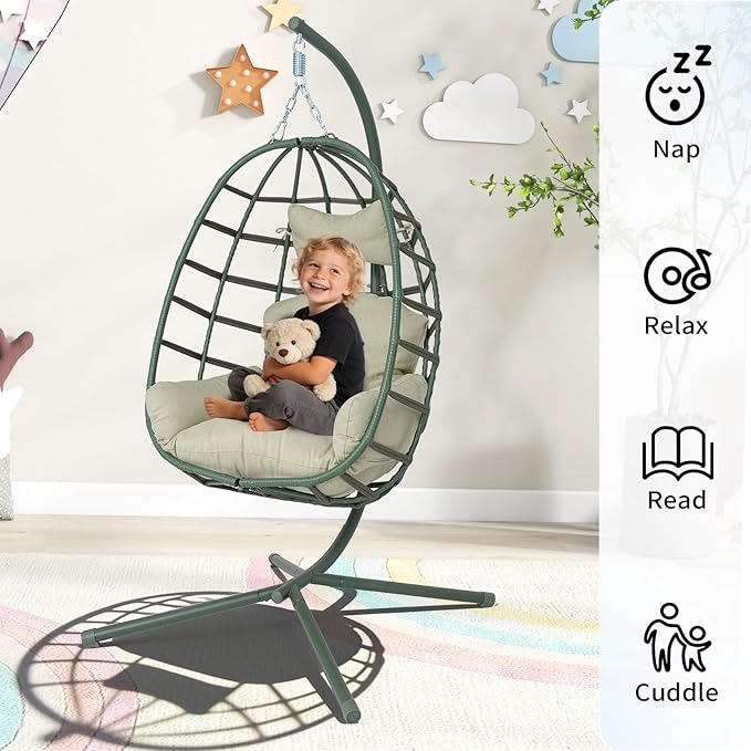 Hanging Egg Chair with Stand Outdoor Indoor Patio Rattan Swing Hammock Chairs with Washable Cushion 350lbs Capacity PE Wicker Swing Chair for Backyard Bedroom Garden (Dark Green + Cyan Cushion)