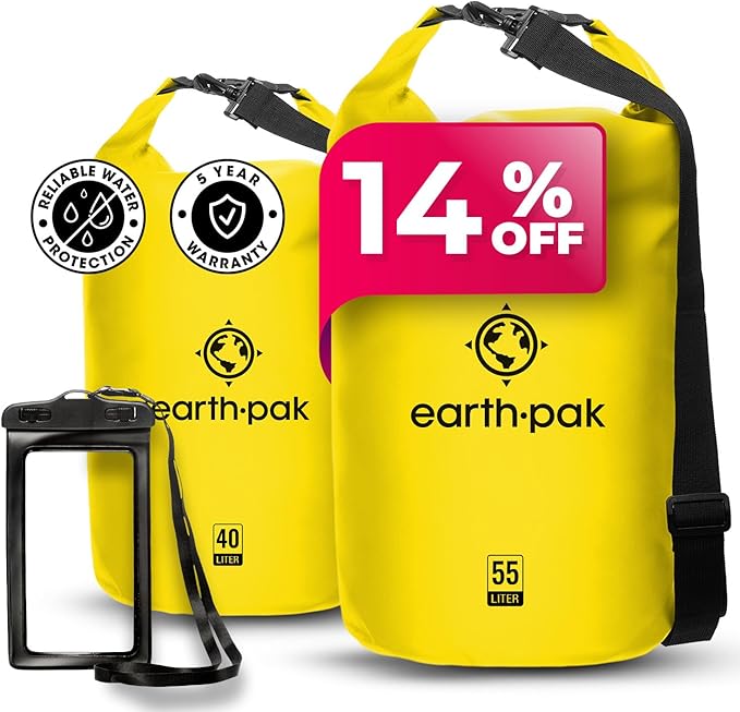 Earth Pak Waterproof Dry Bag - Roll Top Waterproof Backpack Sack (Yellow 40L &amp 55L)