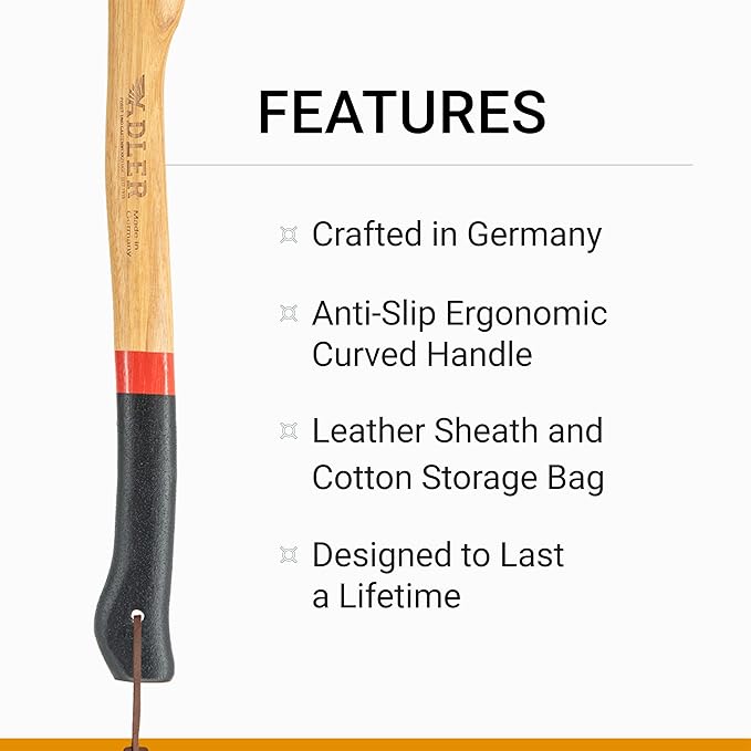 Adler Canoe Axe – Made in Germany Camping Bushcraft w/ 20 in Hickory Handle Leather Sheath Anti-Slip Grip 1-1/4 lb Head C60 Carbon Steel Lightweight for Kindling Firewood Hiking Outdoors (A3)