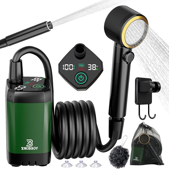 JITUIHOM Portable Camping Shower with 7800mAh Battery - 190 Minutes Runtime Smart LED Display &amp 4 Spray Modes for Outdoor Activities Hiking Traveling and Pet Bathing(6000mAH-Dark Green)
