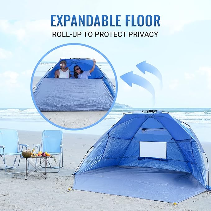 KingCamp Beach Tent Pop Up Shade 10s Easy Set Up Portable Beach Canopy Tent Sun Shelter for 3-4 Person Lightweight Instant Tent with Extendable Floor Beach Outdoor Camping Picnic