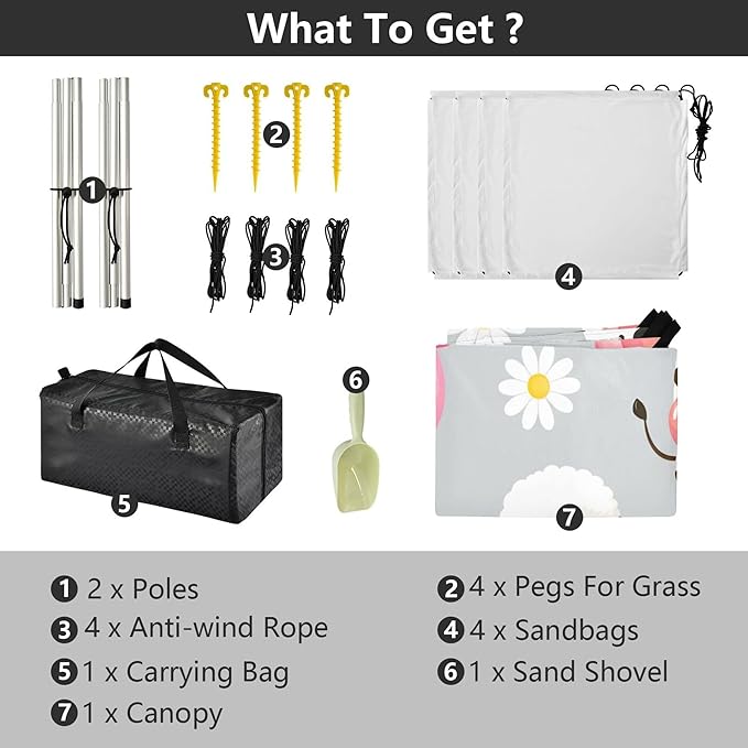 Cartoon Cows and Sheep Beach Canopy Sun Shelter with Sandbags &amp Sand Shovel &amp Windproof Ropes - Portable 110x126 Beach Shade Beach Tent for Camping Picnics