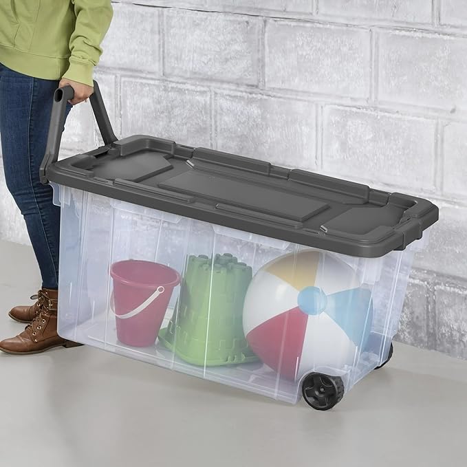 K&ampJ CHIPMUNK Storage Bin 40 Gallon 160 Quart Plastic Rolling Stacker Box Wheeled Storage Box Lidded Stackable Storage Bin Container for Home Garage and Camping Clear Base &amp Gray Lid 2-pack