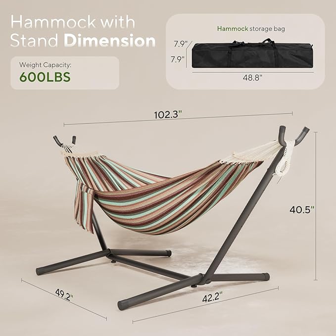 600lbs Hammock with Stand for Outside 2 Person Portable Hammock with Side Storage Carrying Bag Expend Wooden Bar for Outdoor or Indoor (Dark Rainbow)