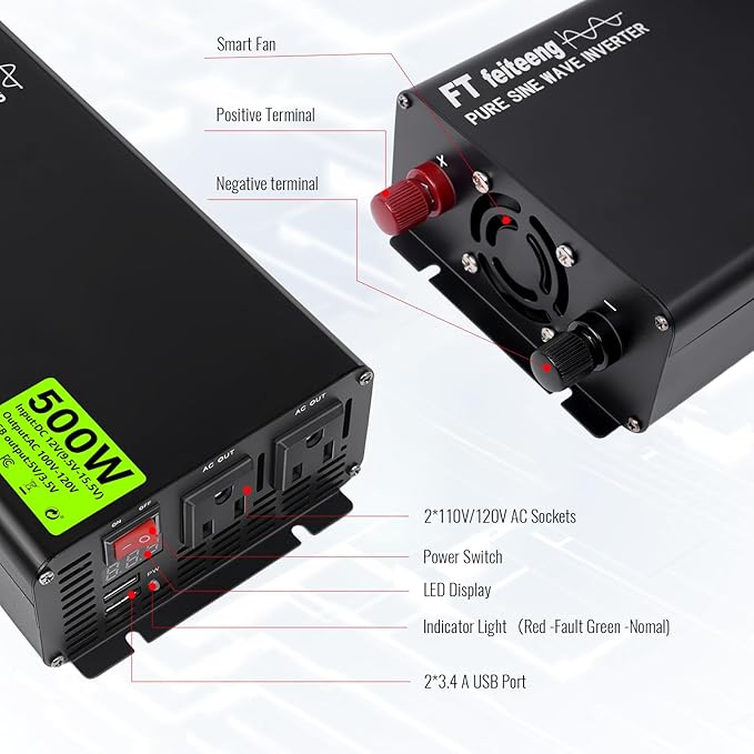 500w Inverter 12v Dc to 110v/120v Ac Car Power Inverter 2 Ac Outlets and Display Includes 5v 3.4a USB Port Suitable for Vehicles/Rv/Home/Camping with 1000w Surge Protection