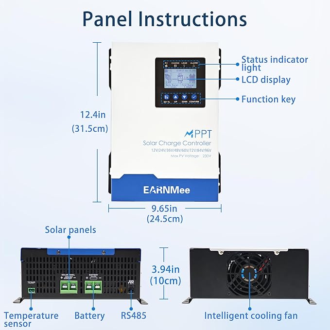 120A MPPT Solar Charge Controller 12-96V Auto-Detect Max 230V VOC 11520W PV Input LiFePO4/Li-ion/Lead-Acid Full-Power MPPT for RV Off-Grid Marine Home Backup