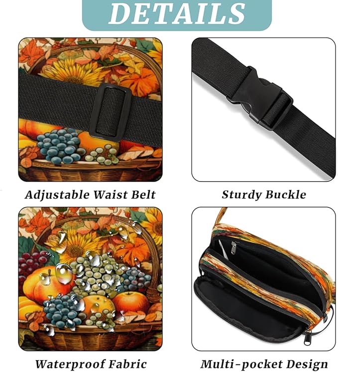 Fruit Basket Apples Grapes Sunflowers Waterproof Fanny Pack for Women Men Adjustable Waist Bag with Double Zipper Pockets Lightweight Square Hip Pack for Running Travel Hiking Workout Cycling