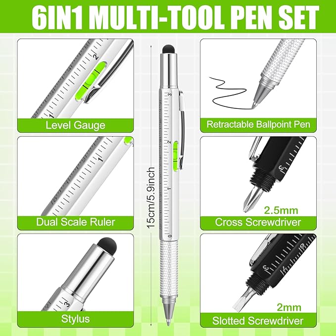 Yeaqee 40 Pcs Multi Tool Gifts For Men 6 In 1 Screwdriver Multi Tool Pens With Stainless Steel Keychain Multi-function Pens Bulk Men Gifts For Dad Husband Father's Day Birthday (BlackSilver)