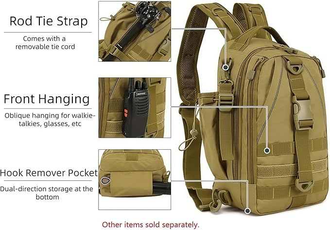 Mint &amp Moss Tactical Backpack for Men Water Resistant Tackle Backpack with Rod Holder &amp Tackle Box Kit Lightweight Sling Fishing Bag for Trekking Survival Camping Fitness Travel (Brown)