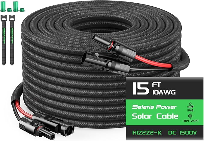 15FT Twin Wire Solar Panel Extension Cable 10 Gauge PV Wire with IP68 Female &amp Male Waterproof Connectors Flame Retardant Protective Sleeving and Dust Caps for Home RV Photovoltaic Systems