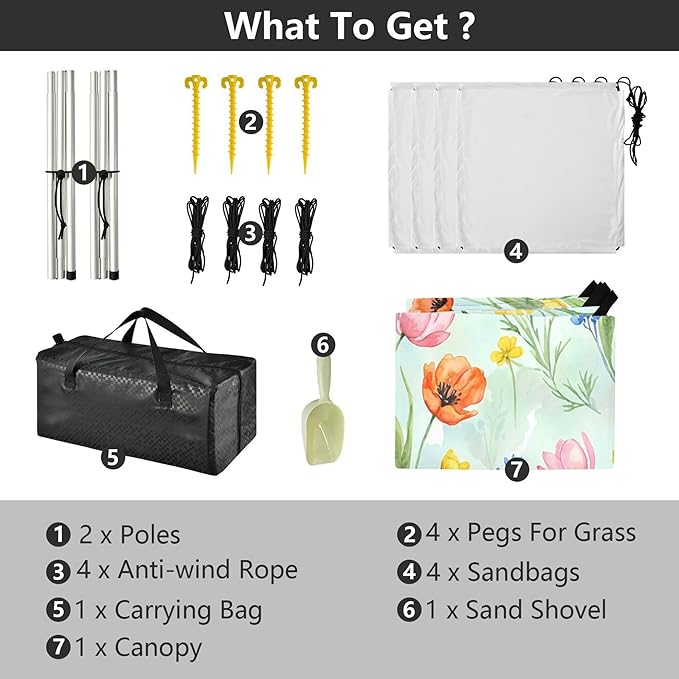 Wildflowers Beach Canopy Sun Shelter with Sandbags &amp Sand Shovel &amp Windproof Ropes - Portable 110x126 Beach Shade Beach Tent for Camping Picnics