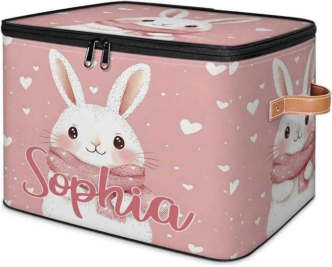 Custom Storage Basket with Name Personalized Storage Bins with Zipper Lid Foldable Fabric Storage Box Large capacity with Handle Scarf Bunny