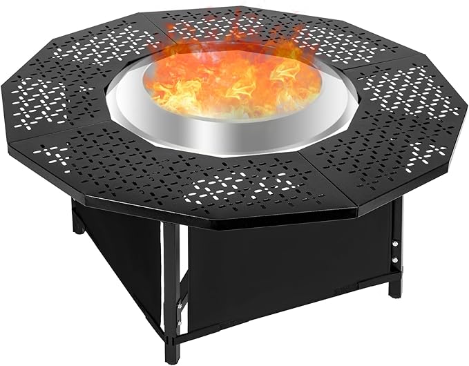 38 Inch Fire Pit Surround Tabletop for Solo Stove Bonfire up to 17.5 and Most Wood Burning Fire Pits 18.4 in Inner Coated Metal Outdoor Fire Pit Table with 360° Safety Barrier