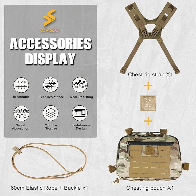Tactical Chest Rig Bag 3L Utility Hypalon Molle Chest Rig With Map Pocket 500D Cordura Chest Bag for Hunting Workouts (Multicam)